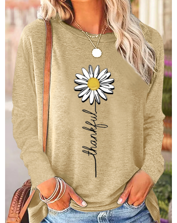 Women's Thankful Daisy Crew Neck Casual Daisy Long Sleeve Shirt