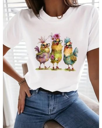 Casual Cartoon Crew Neck Cotton T-Shirt