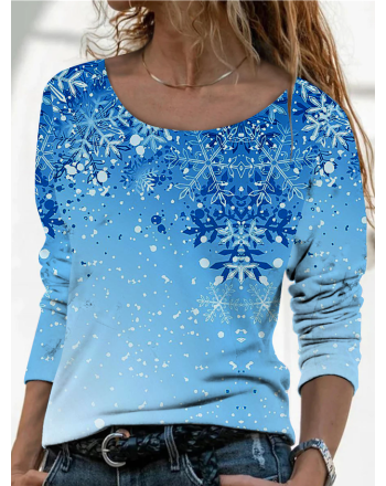 Long sleeve round neck loose Christmas geometric snowflake gradient top T-shirt women