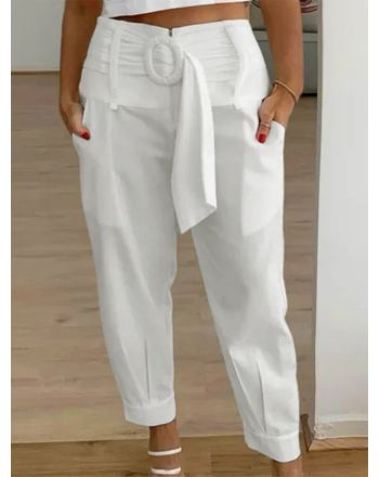 Plus Size Cotton Loose Elegant Plain Pants With Belt