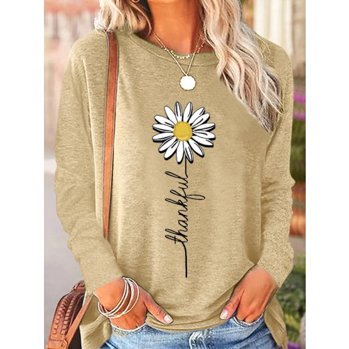 Women's Thankful Daisy Crew Neck Casual Daisy Long Sleeve Shirt