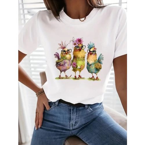 Casual Cartoon Crew Neck Cotton T-Shirt