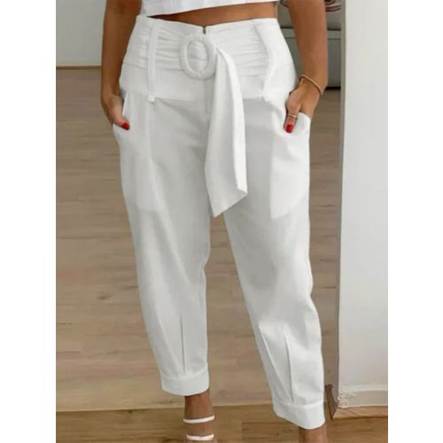 Plus Size Cotton Loose Elegant Plain Pants With Belt